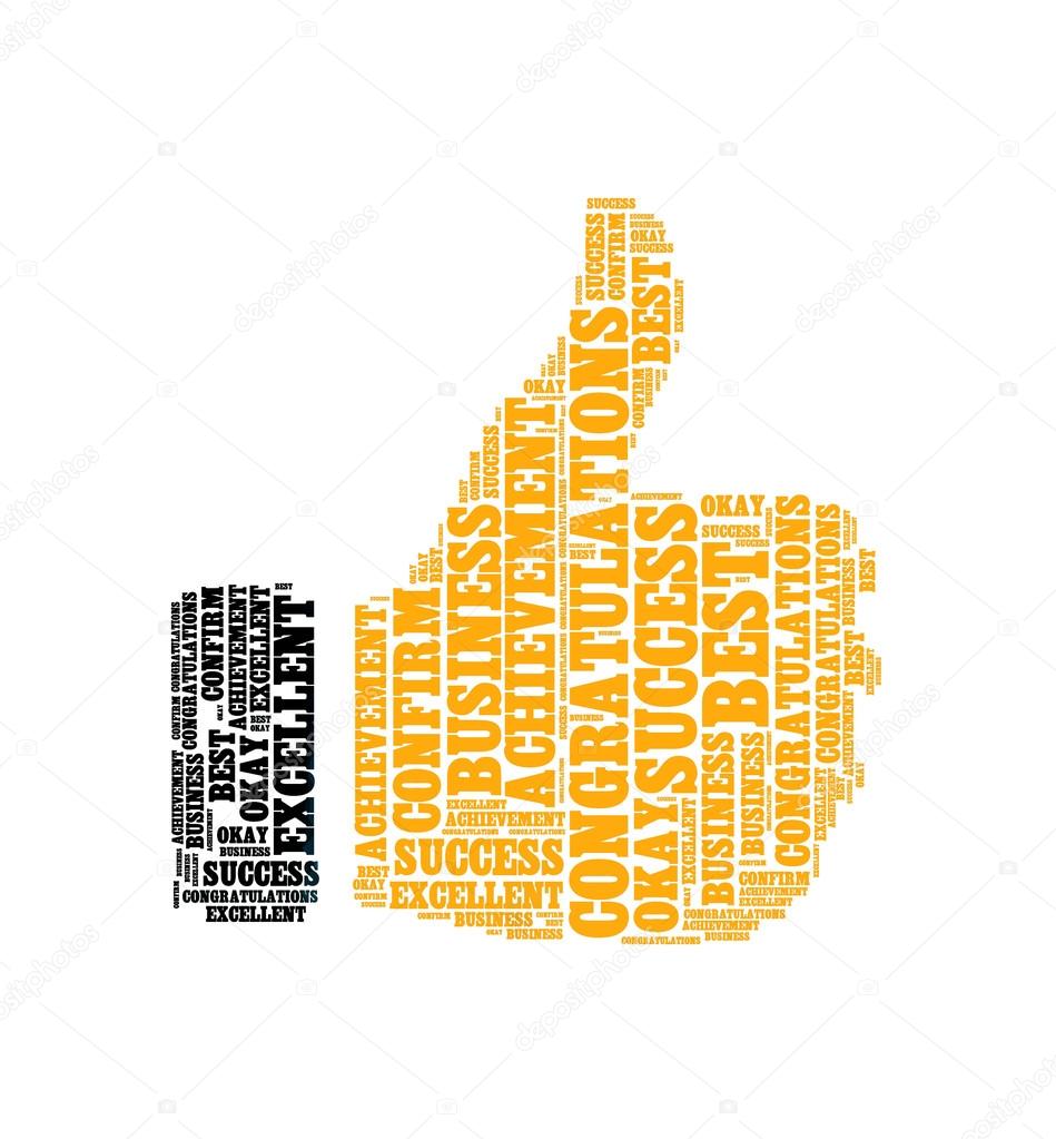 achievement congratulations best excellent okay confirm info text collage Composed in the shape of thumb up an isolated on white