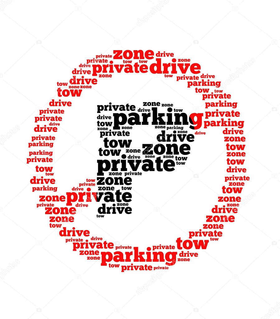 parking text collage Composed in the shape of red sign an isolated white background.