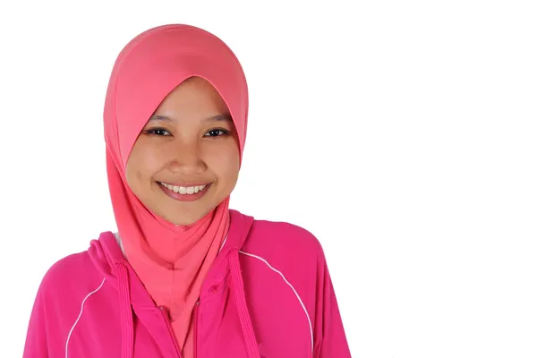 Närbild av en ganska muslimsk kvinna idrottsman smilling — Stockfoto