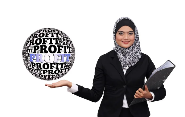 Μουσουλμανική γυναίκα ευτυχισμένη και επιτυχημένη επιχείρηση με κέρδος λέξη σφαίρα — Φωτογραφία Αρχείου