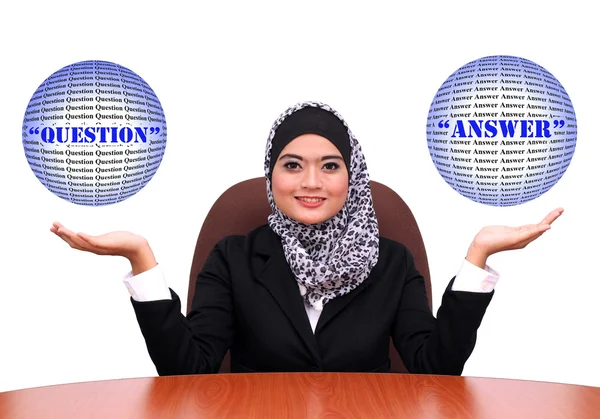 Представление мусульманской деловой женщины с открытыми ладонями для вопросов — стоковое фото