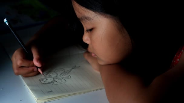 Children drawing cartoon on night time — Stock Video