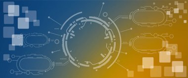 Web sitesi başlık pankartı, mavi ve turuncu arkaplan üzerine Teknoloji fütüristik kavramı