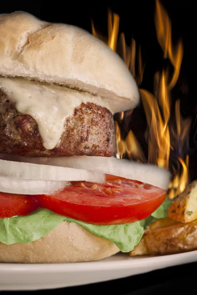 Burger σε φωτιά φόντο — Φωτογραφία Αρχείου