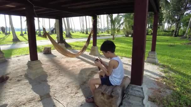 Азійський Хлопчина Грає Мобільному Телефоні Під Тінню Малайському Дерев Яному — стокове відео