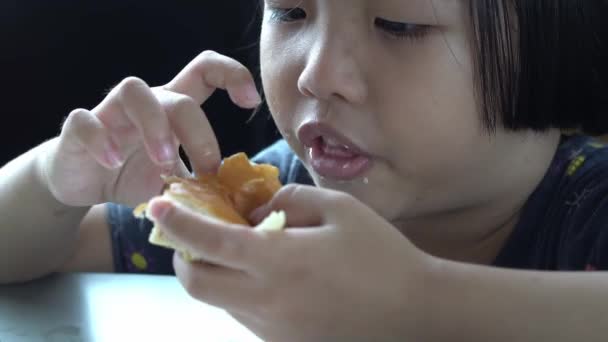 Sluit Rommelige Mond Van Aziatisch Chinees Kind Eet Hamburger Junk — Stockvideo