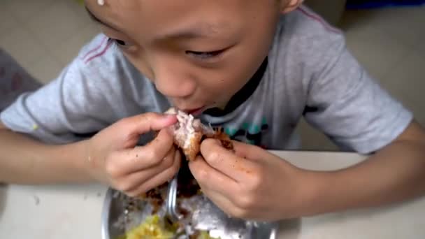 Üst Düzey Çinli Çocuk Elleriyle Kızarmış Tavuk Yiyor — Stok video