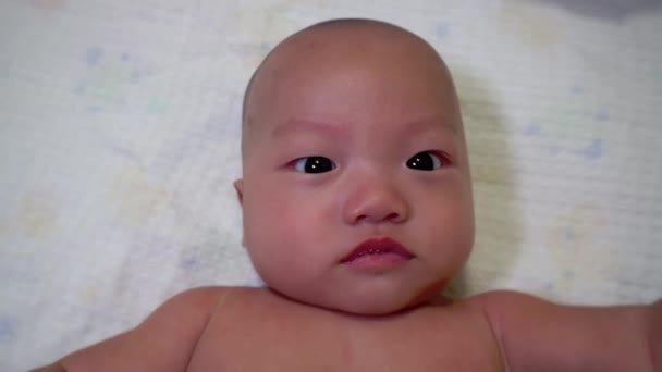 Gros Plan Chauve Bébé Regarder Caméra — Video