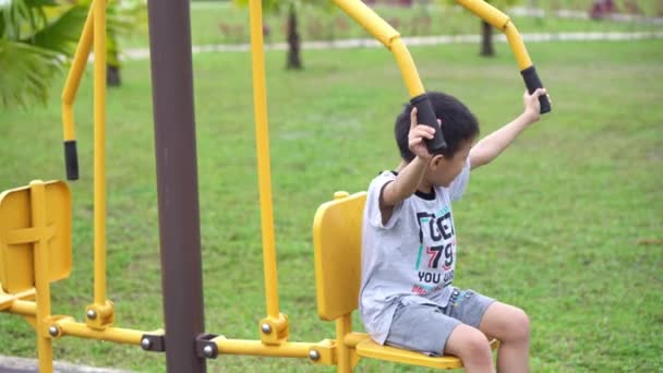 Garçon Chinois Jouer Équipement Fitness Dans Parc Vert — Video