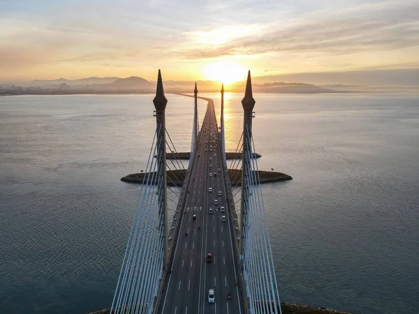 Aerial View Architecture Mid Span Penang Bridge Sunrise Hour — Stock Photo, Image