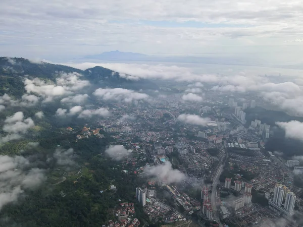 Aerial View Low Cloud Paya Terubong Town Misty Day Morning — Stock Photo, Image