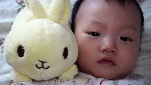 Μωρό Συνοδεύεται Από Κουνέλι Βελούδινα Παιχνίδια Ματιά Στην Κάμερα Και — Αρχείο Βίντεο