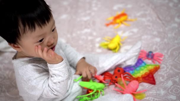 Bambino Asiatico Con Saliva Sbavata Mastica Mano Sfondo Suo Giocattolo — Video Stock