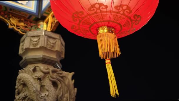 Illuminated Chinese Red Lantern Tassel Hang Temple — Stock Video