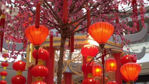 Panning Röd Kinesisk Lykta Dekoration Och Konstgjord Blomma — Stockvideo
