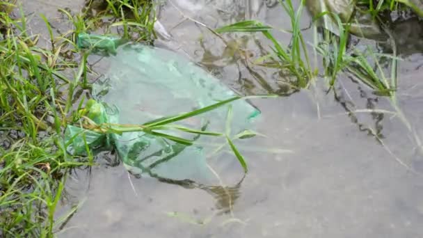 Зеленый Полиэтиленовый Пакет Бросают Пол Залитый Водой — стоковое видео