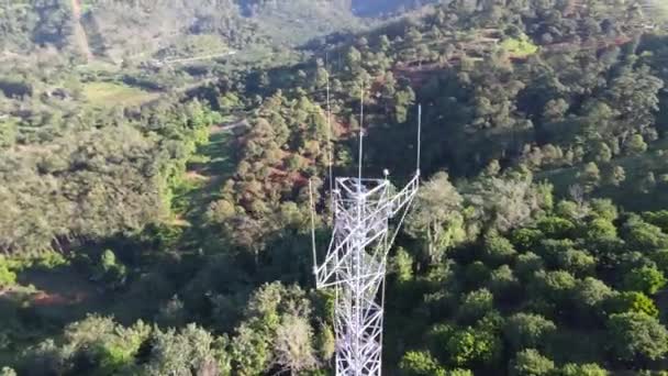 丘の近くの農村部の不動産の電気通信塔を見る — ストック動画