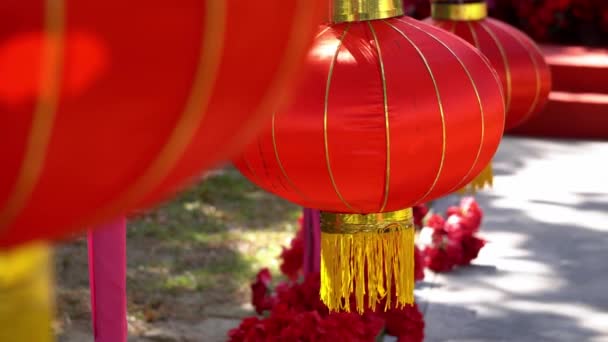Κόκκινο Κινέζικο Νέο Έτος Φανάρι Κυματιστό Φυσητό Από Τον Άνεμο — Αρχείο Βίντεο