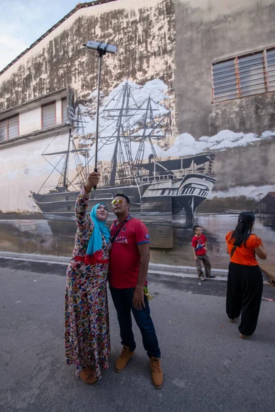 Bagan Penang Malaysia Circa Jun 2017 Tourist Selfie Ship Mural — Stock Photo, Image