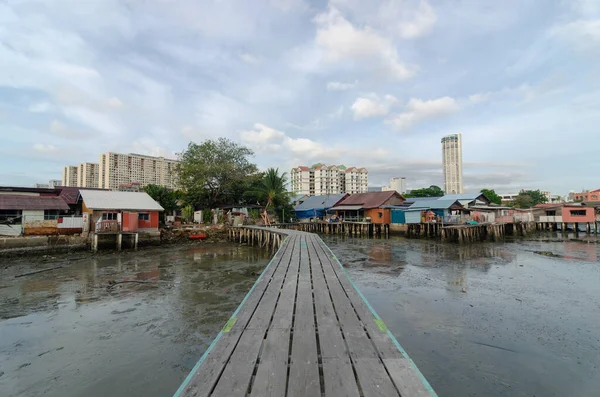 Drewniany Most Klanu Jetty Penang Tło Jest Szczudły Dom Komtar — Zdjęcie stockowe