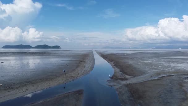 Aerial Ruch Nad Wąską Rzeką Błotnistej Ziemi Kierunku Morza Niebieski — Wideo stockowe