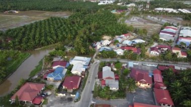 Nibong Tebal, Penang, Malezya - 23 Ağustos 2021: Petrol palmiyesi çiftliği yakınlarındaki hava manzaralı kampung evi