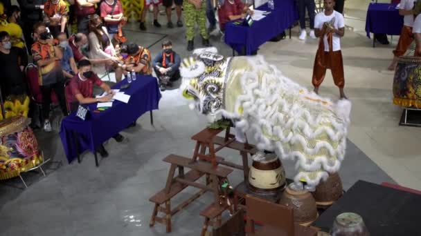 Georgetown Penang Μαλαισία Ιαν 2022 Χορός Λευκού Λιονταριού Εκτελέσει Τέχνασμα — Αρχείο Βίντεο