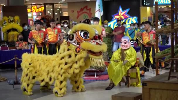 Georgetown Penang Maleisië Jan 2022 Gele Leeuwendans Bij Het Standbeeld — Stockvideo