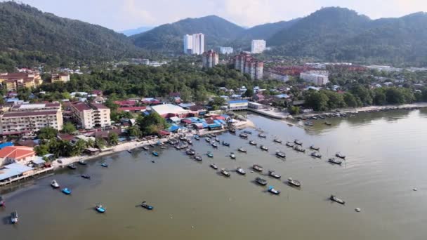 Georgetown Penang Malaysia Mar 2022 Aerial View Fisherman Boat Anchor — Stock Video