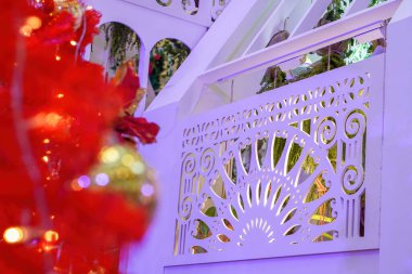 Kapalı kapılar ardında kırmızı önplan çiçekli bölme.