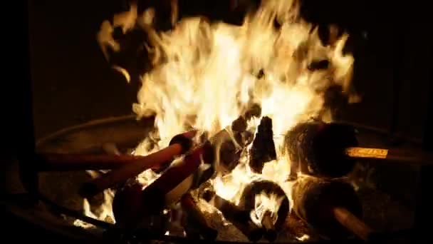 신전에 화덕에서 잔가지를 태우는 — 비디오