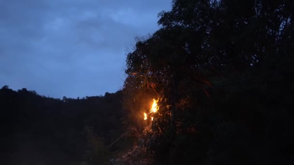 Oheň Hoří Drátě Poblíž Pouliční Lampy Soumraku — Stock video
