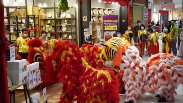 马来西亚槟城 2022年2月6日 狮子舞和老虎舞在商店表演 — 图库视频影像