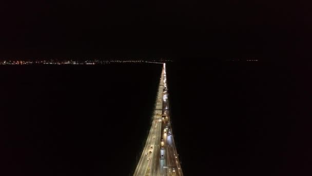 Aerial View Car Traffic Move Penang Bridge Sea Night — Vídeo de stock