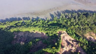 Deniz manzaralı kırmızı kil toprak madenciliği sahilin yanındaki ormanın yanında.