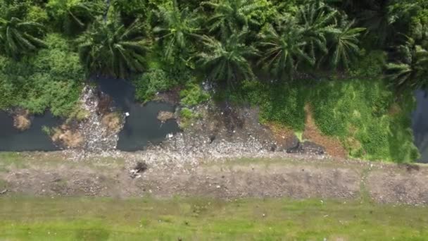 Luchtfoto Dalend Kijken Naar Beneden Vuilnisbelt Bij Rivier Het Landelijke — Stockvideo