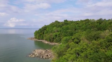 Kumsalın yakınındaki ormanın üzerinden uçan bir hava aracı.