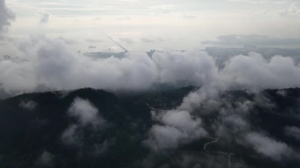 Aerial View Foggy Low Cloud Cover Hill Background Penang Bridge — Stock Video