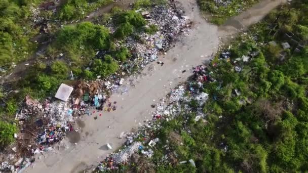 Aerial Fly Rotation Rural Path Illegal Rubbish Dump — Stock Video