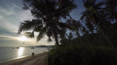 Gün batımında iki kişi sahilde yürüyor.