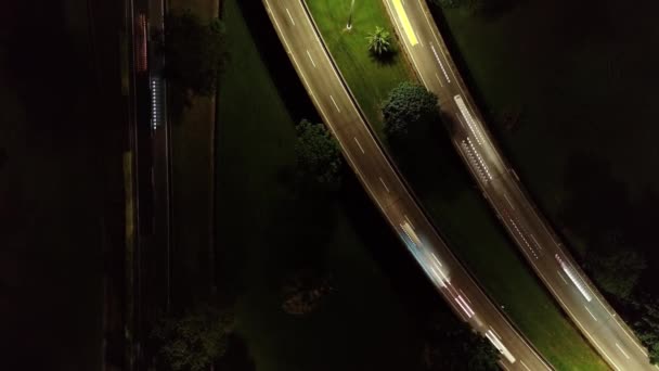 Aerial Top View Car Traffic Light Trail Move Highway Night — Stock Video