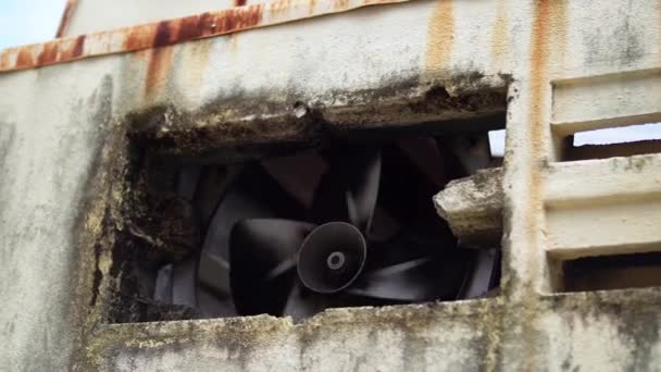 Old Black Wall Exhaust Fan Rotate View Outdoor — Video