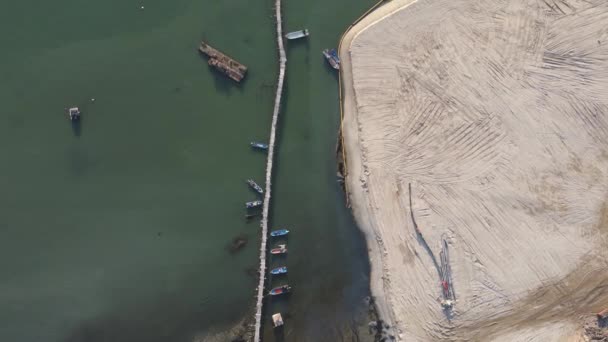 Aerial Top View Fisherman Wooden Bridge Jetty Reclamation Land — 비디오