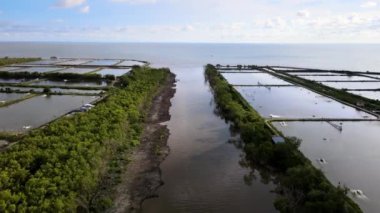 Karides çiftliği arasında hava manzaralı nehirden denize