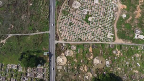 Aerial Top Road Pass Chinese Cemetery Both Side — Video Stock
