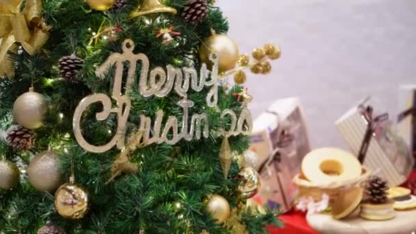 Merry Christmas Decoration Blinking Led Light Tree Bokeh Bakery — Vídeo de stock