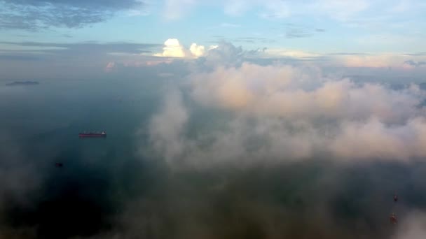 Aerial Fly Morning Low Cloud Sea Ship — Vídeo de Stock