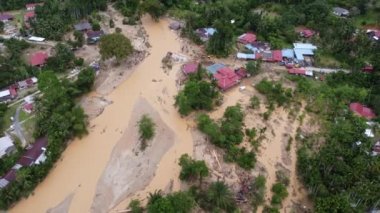 Aerial view flood disaster break the bridge at village in Malaysia