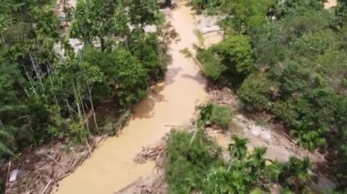 Aerial view flash flood and river flood near the rural