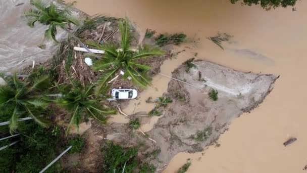 Aerial Top View Car Flush Away Flash Flood Trap Coconut — Video